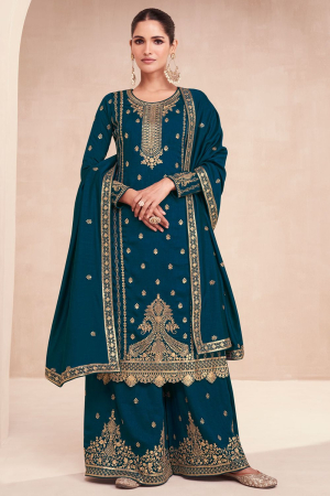 Peacock Blue Premium Silk Designer Palazzo Kameez Suit
