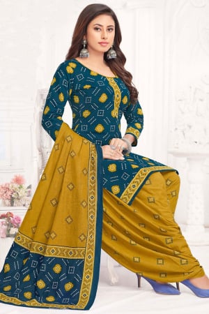 Peacock Blue Printed Cotton Patiala Kameez