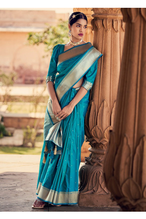 Peacock Blue Pure Banarasi Satin Silk Saree