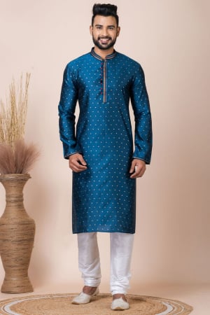 Peacock Blue Self Jacquard Silk Kurta Set