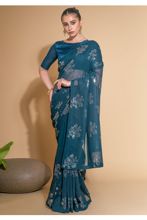 Peacock Blue Sequined Georgette Saree