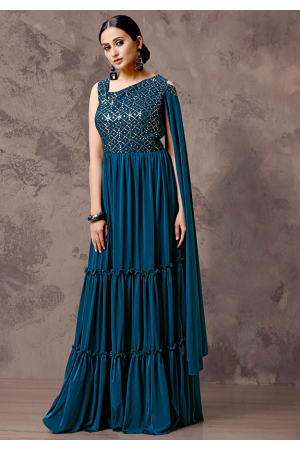Peacock Blue Sequined Lycra Gown