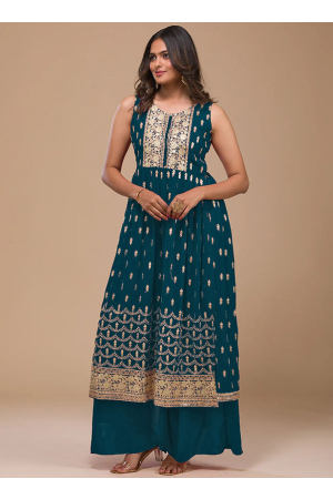 Peacock Blue Sequins Embroidered Georgette Palazzo Kameez