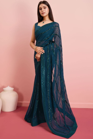 Peacock Blue Sequins Embroidered Georgette Saree