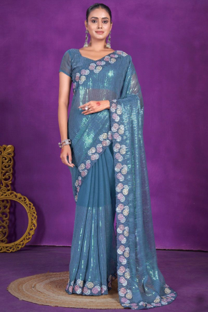 Peacock Blue Sequins Embroidered Shimmer Silk Saree