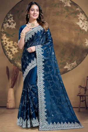 Peacock Blue Sequins Embroidered Silk Saree