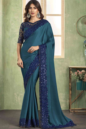 Peacock Blue Silk Saree with Embroidered Blouse