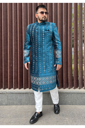 Peacock Blue Velvet Designer Sherwani