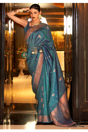 Peacock Blue Woven Banarasi Silk Blend Saree