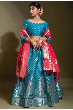 Peacock Blue Woven Banarasi Silk Lehenga Choli