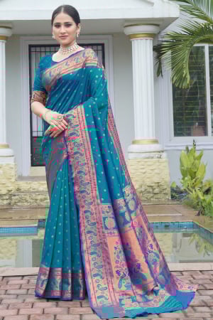 Peacock Blue Woven Paithani Silk Saree