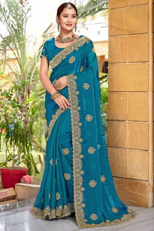 Peacock Blue Zari Embroidered Fendi Silk Saree