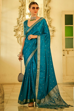 Peacock Blue Zari Weaving Satin Silk Saree