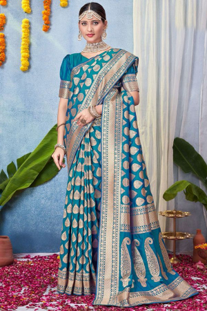 Peacock Blue Zari Woven Silk Saree for Wedding