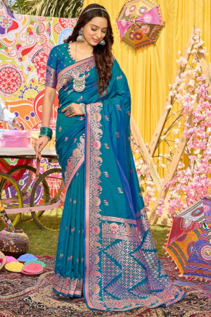 Peacock Blue Zari Woven Silk Saree for Wedding