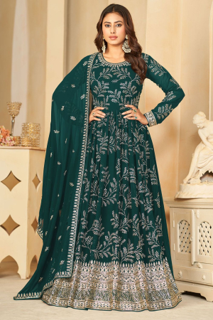 Peacock Green Embroidered Faux Georgette Anarkali Suit