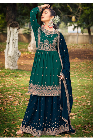 Peacock Green Embroidered Faux Georgette Lehenga Kameez