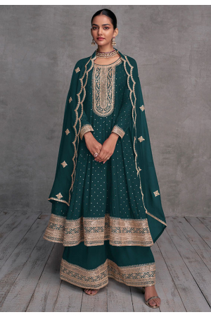Peacock Green Embroidered Georgette Palazzo Kameez