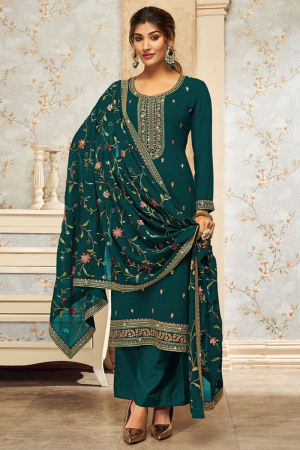 Peacock Green Embroidered Georgette Palazzo Kameez