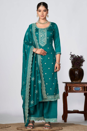 Peacock Green Embroidered Silk Trouser Kameez