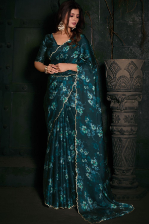 Peacock Green Floral Print Pure Satin Georgette Saree