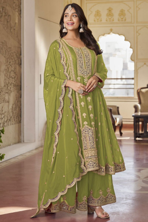 Pear Green Embroidered Chinnon Designer Palazzo Suit