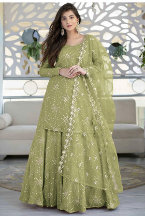 Pear Green Embroidered Faux Georgette Lehenga Kameez