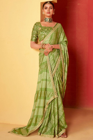 Pear Green Moss Chiffon Saree with Embroidered Blouse