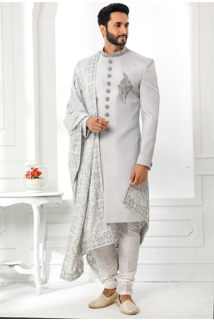 Pearl Grey Art Silk Sherwani with Stole