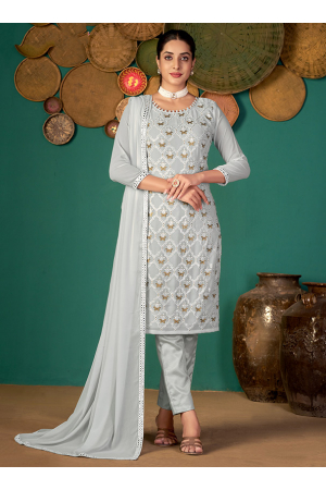 Pearl Grey Embroidered Faux Georgette Pant Kameez