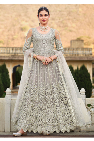 Pearl Grey Embroidered Net Anarkali Suit