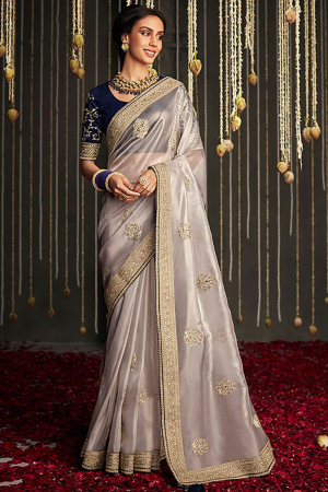 Pearl Grey Embroidered Saree
