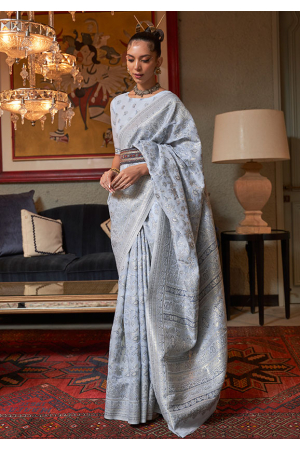 Pearl Grey Kashmiri Modal Handloom Weaving Saree