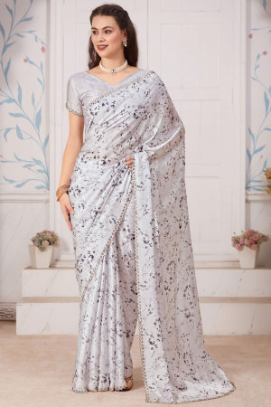 Pearl White Embellished Pure Satin Georgette Saree