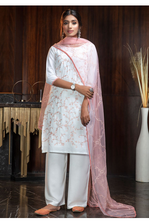 Pearl White Embroidered Georgette Palazzo Kameez
