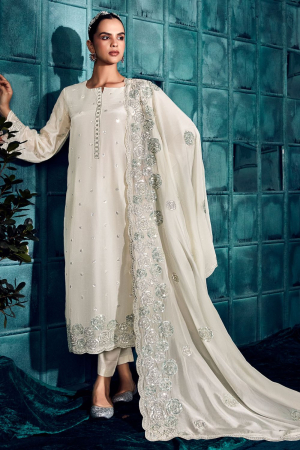 Pearl White Embroidered Modal Silk Plus Size Suit