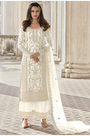 Pearl White Embroidered Net Palazzo Kameez