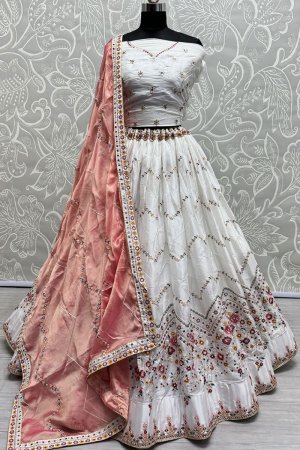 Pearl White Embroidered Silk Lehenga Choli for Wedding