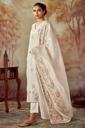 Pearl White Embroidered Silk Plus Size Pant Kameez