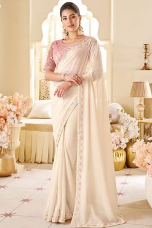 Pearl White Georgette Shimmer Saree with Embroidered Blouse