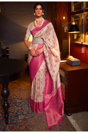 Pearl White Handloom Weaving Chhaap Silk Saree