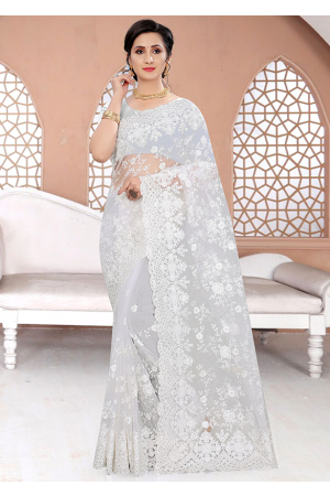 Pearl White Resham Embroidered Net Saree
