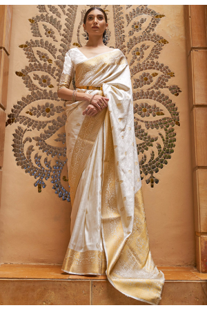 Pearl White Self Kanjivaram Weaving Designer Saree