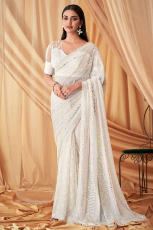 Pearl White Sequins Embroidered Designer Saree
