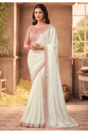 Pearl White Silk Saree with Embroidered Blouse
