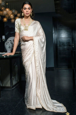 Pearl White Viscose Satin Saree with Embroidered Blouse