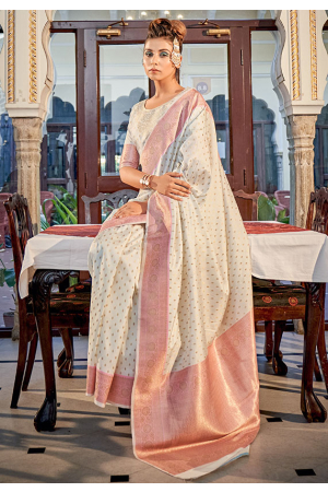 Pearl White Woven Banarasi Silk Saree