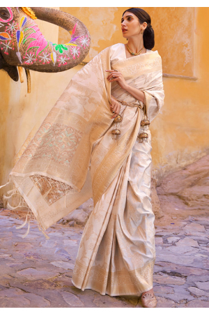 Pearl White Woven Handloom Silk Saree