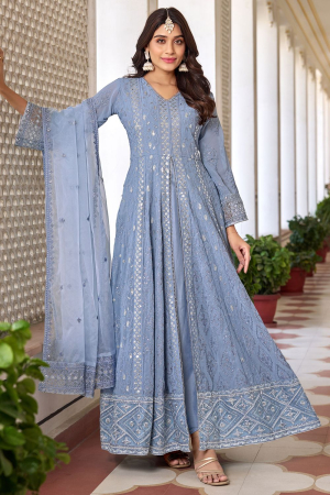 Periwinkle Embroidered Faux Georgette Pant Kameez