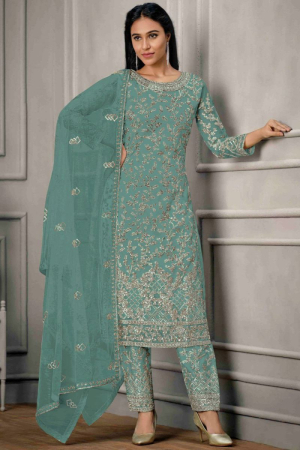 Persian Green Embroidered Net Pant Kameez for Festival
